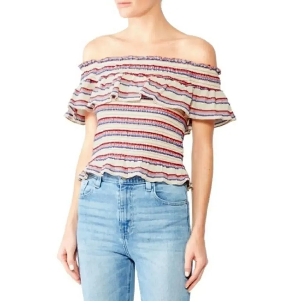 Parker Lizette Ruffle Off Shoulder Striped Top Large - Picture 1 of 6